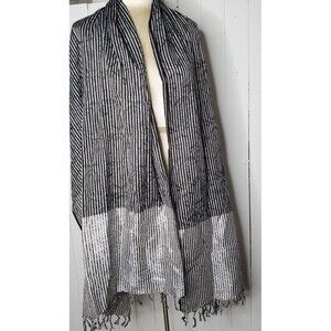 Rectangle Shawl Wrap Black Silver Border Paisley Stripe Jacquard Fringe 27x82"